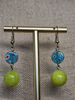 Colorful Glass Millefiore Blue & Lime Bead Drop Earrings - Women Jewelry